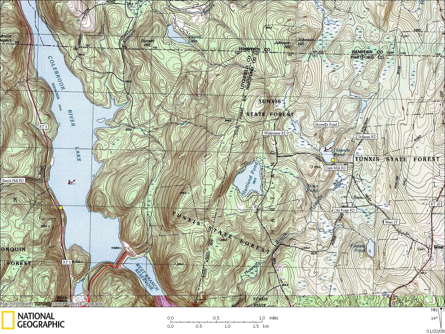 Connecticut, Map, Lakes, Ponds, Canoe, Canoeing, Kayak, Kayaking, Paddling, Lake, Pond, Flat water, Colebrook, Howell's