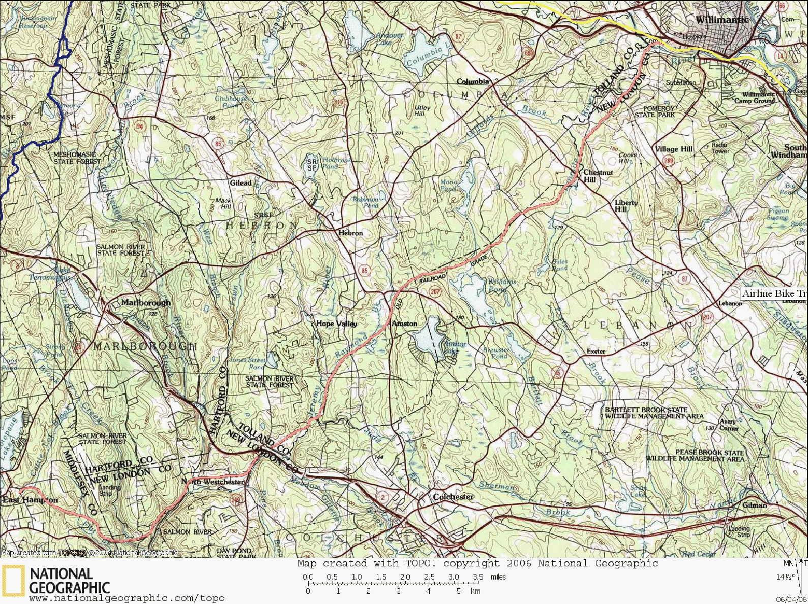 Airline Bike Trail, Map, Connecticut, Rails to Trails, East Hampton, Willimantic