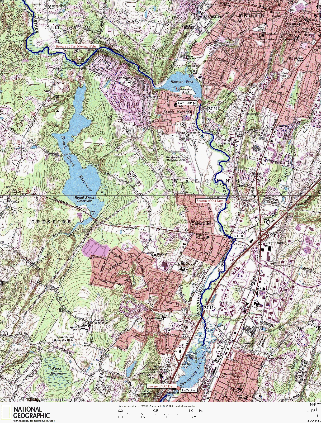 Connecticut, map, whitewater, kayaking, Canoeing, Quinnipiac River, Hanover
