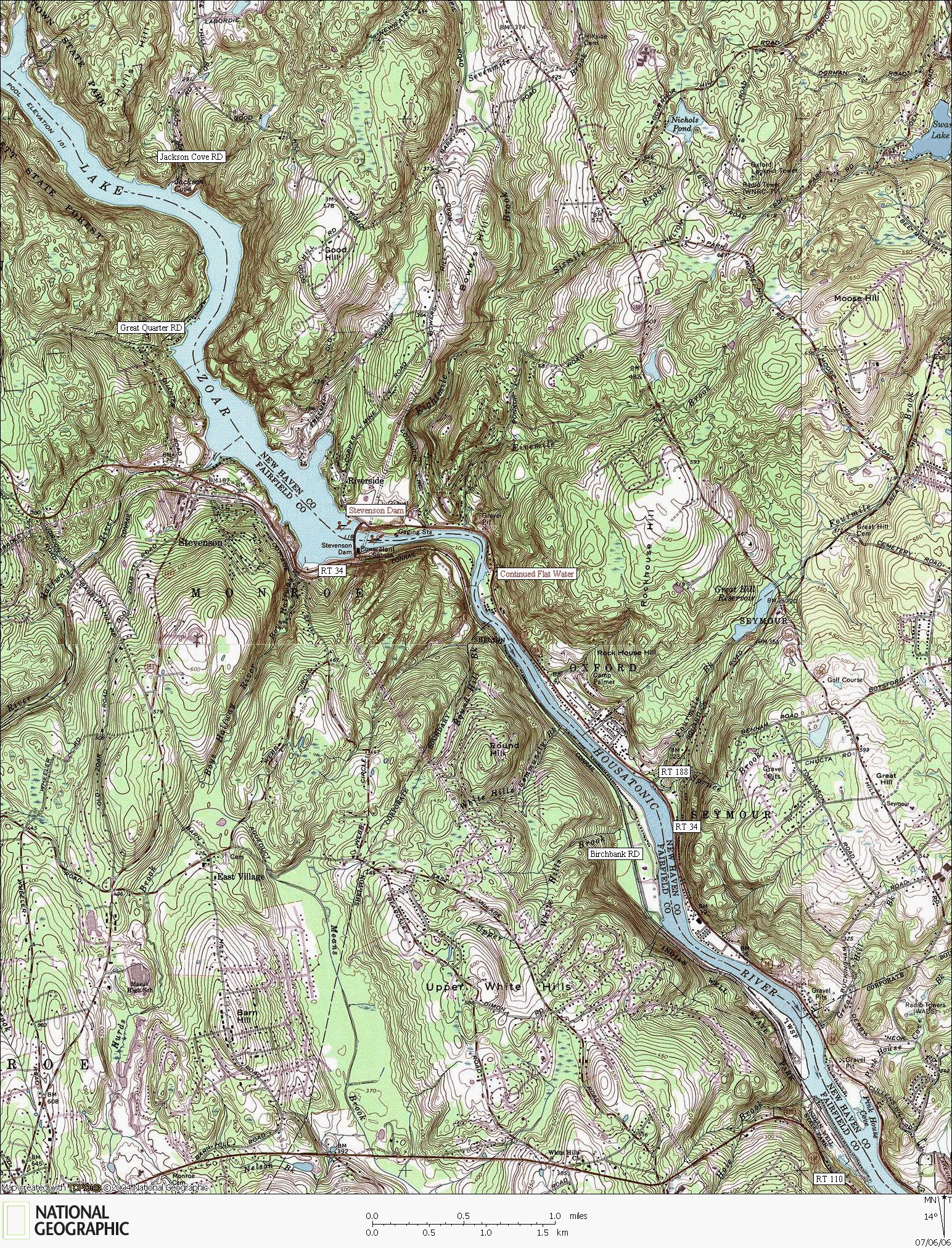 Connecticut, map, whitewater, kayaking, Canoeing, Housatonic River, Oxford