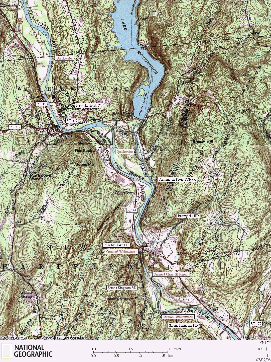 Connecticut, map, whitewater, kayaking, Canoeing, Farmington River, Hartford