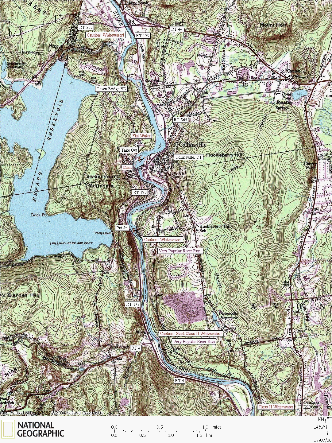 Connecticut, map, whitewater, kayaking, Canoeing, Farmington River, Collinsville