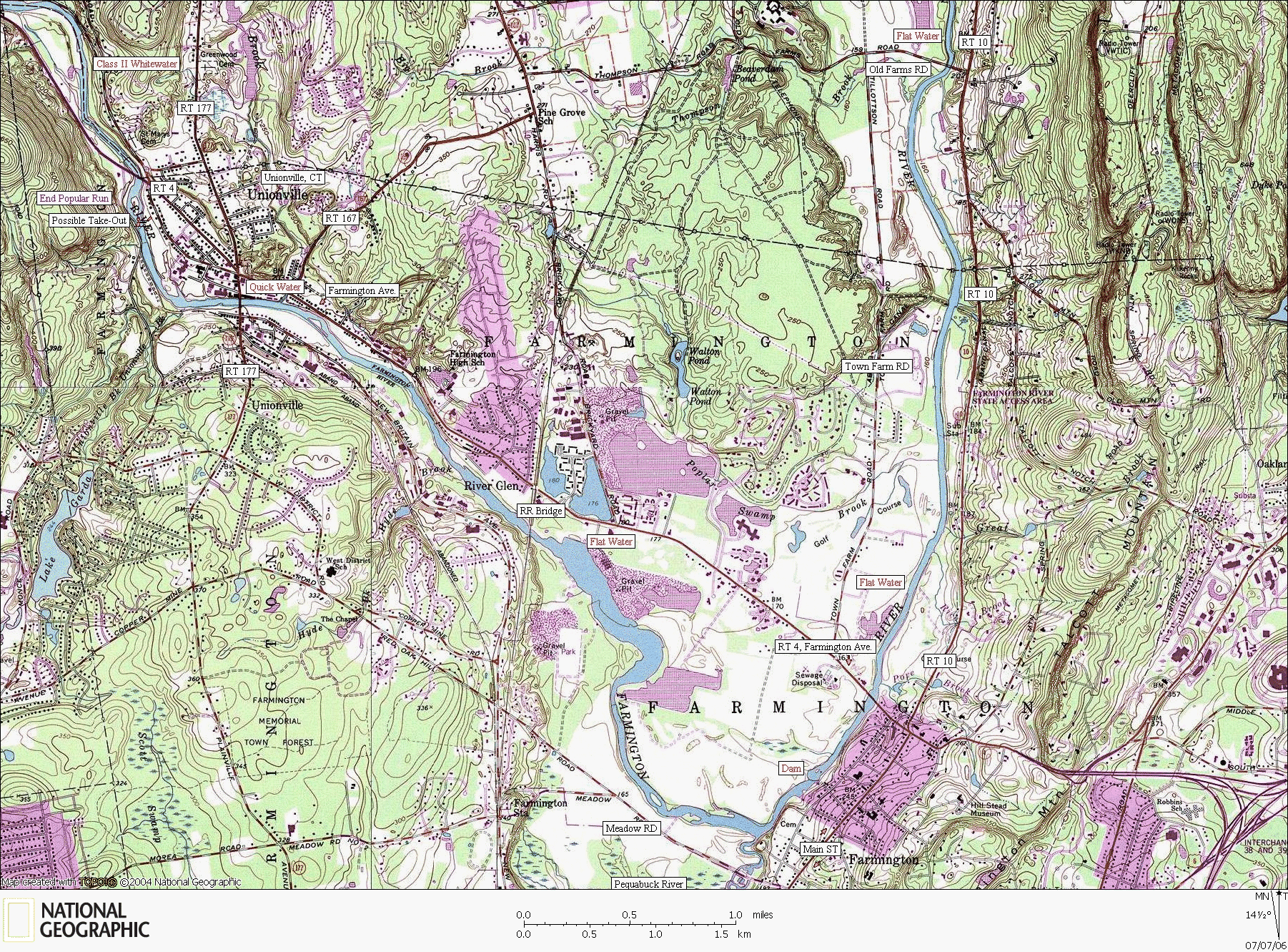 Connecticut, map, whitewater, kayaking, Canoeing, Farmington River, Unionville