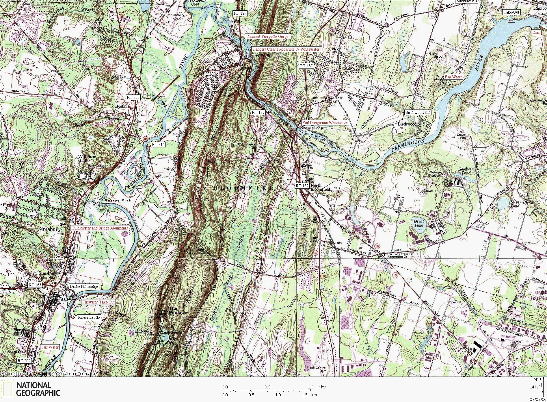 Connecticut, map, whitewater, kayaking, Canoeing, Farmington River, Tariffville