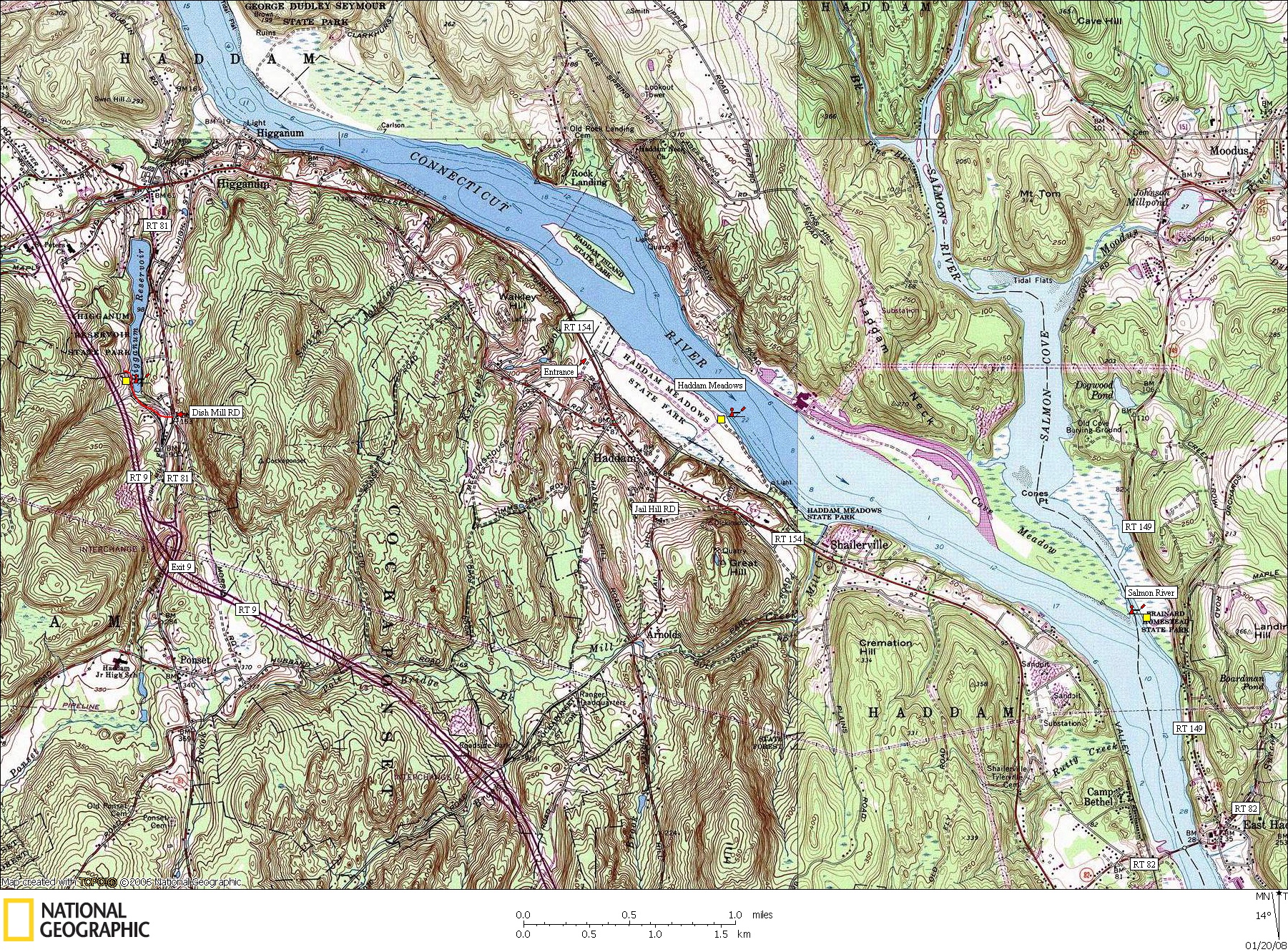 Connecticut, Map, Lakes, Ponds, Canoe, Canoeing, Kayak, Kayaking, Paddling, Lake, Pond, Flat water, Higganum, Haddam, Salmon