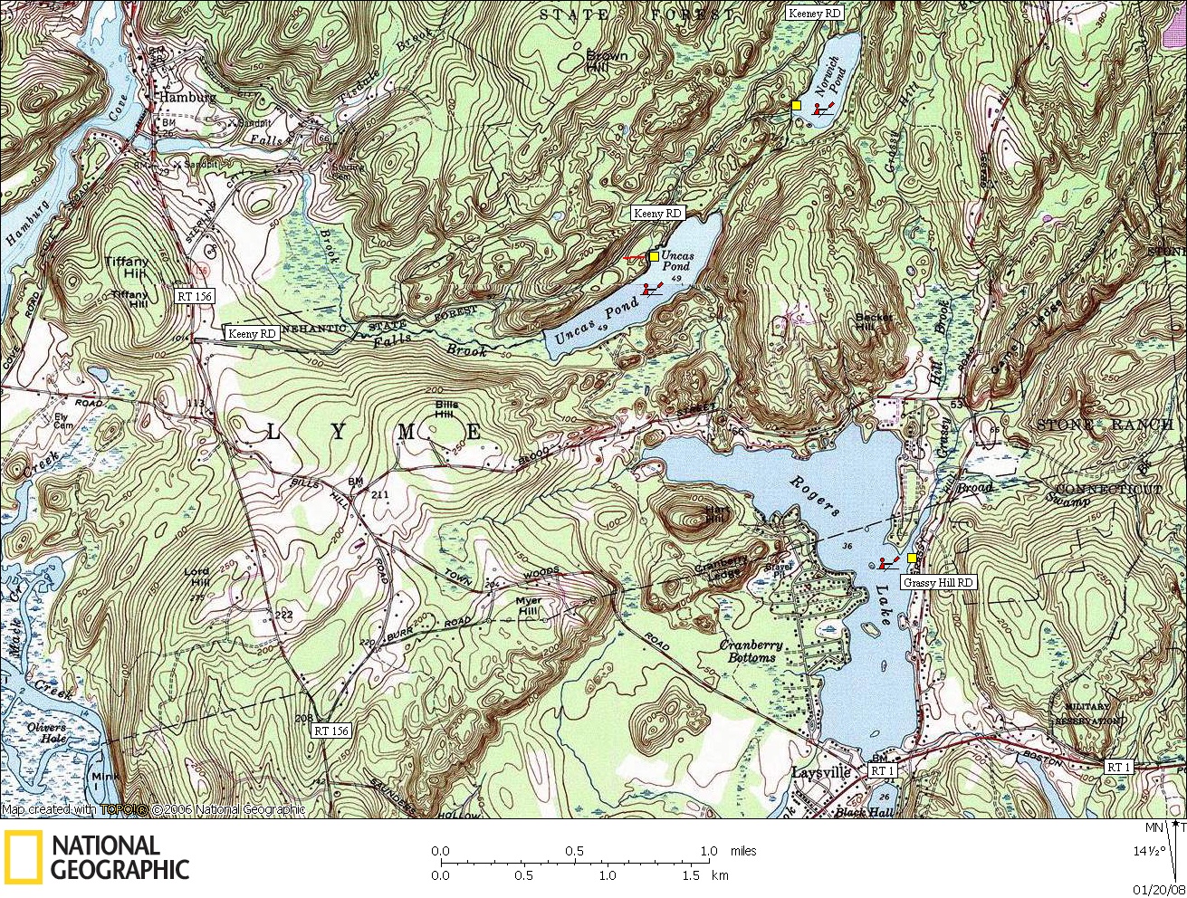 Connecticut, Map, Lakes, Ponds, Canoe, Canoeing, Kayak, Kayaking, Paddling, Lake, Pond, Flat water, Uncas, Norwich, Rogers